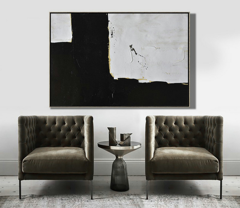 Huge Canvas Art On Canvas,Horizontal Palette Knife Minimal Canvas Art Painting Black White Beige - Large Abstract Art Handmade Acrylic Painting